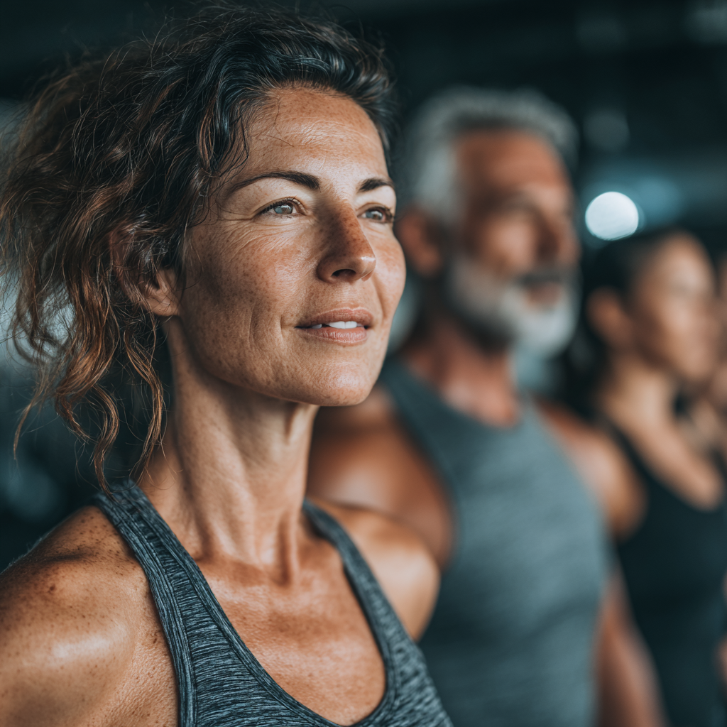 Group fitness class with diverse adults in their 40s and 50s doing functional movement exercises in modern gym setting